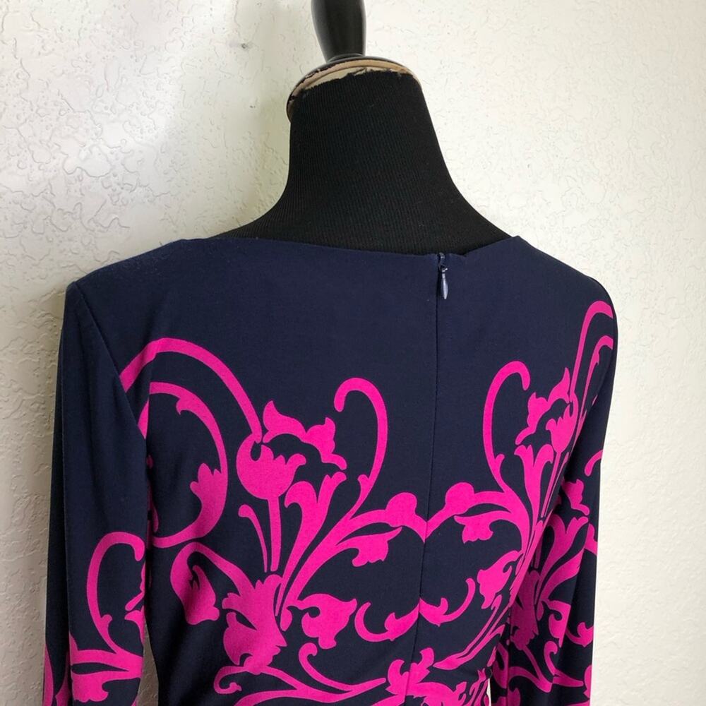 David Meister navy blue pink floral scroll v neck midi dress size 8 - Picture 14 of 16